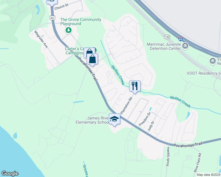 map of restaurants, bars, coffee shops, grocery stores, and more near 1915 Algonquin Trail in Williamsburg
