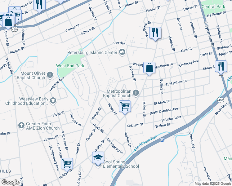 map of restaurants, bars, coffee shops, grocery stores, and more near 905 Young Avenue in Petersburg