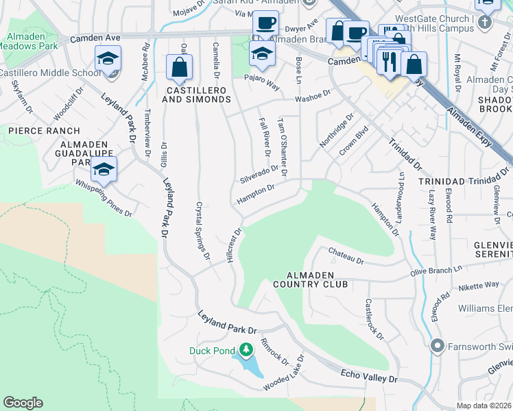 map of restaurants, bars, coffee shops, grocery stores, and more near 6543 Hampton Drive in San Jose