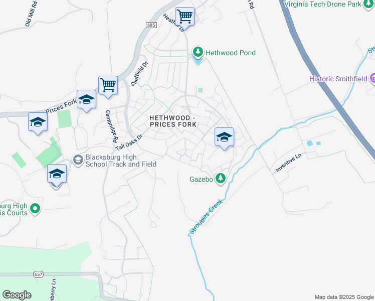 map of restaurants, bars, coffee shops, grocery stores, and more near 8100 Hunters Mill Road in Blacksburg