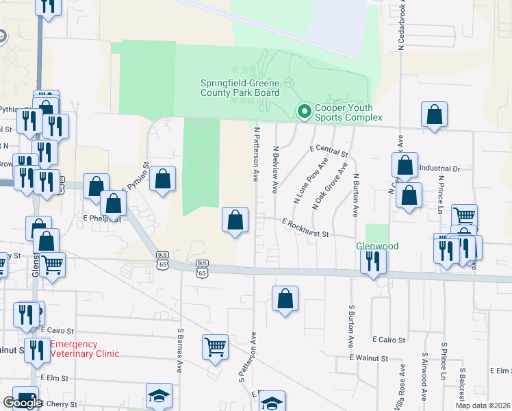 map of restaurants, bars, coffee shops, grocery stores, and more near 612 North Patterson Avenue in Springfield