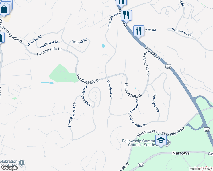 map of restaurants, bars, coffee shops, grocery stores, and more near 5088 Cross Bow Circle in Cave Spring