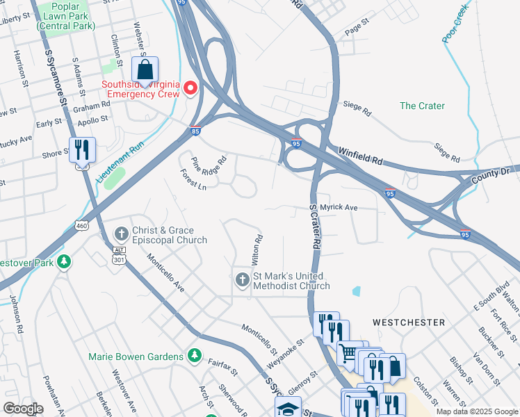 map of restaurants, bars, coffee shops, grocery stores, and more near 601 Toll Gate Lane in Petersburg