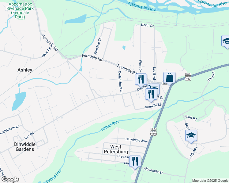 map of restaurants, bars, coffee shops, grocery stores, and more near 25512 Cox Road in Petersburg