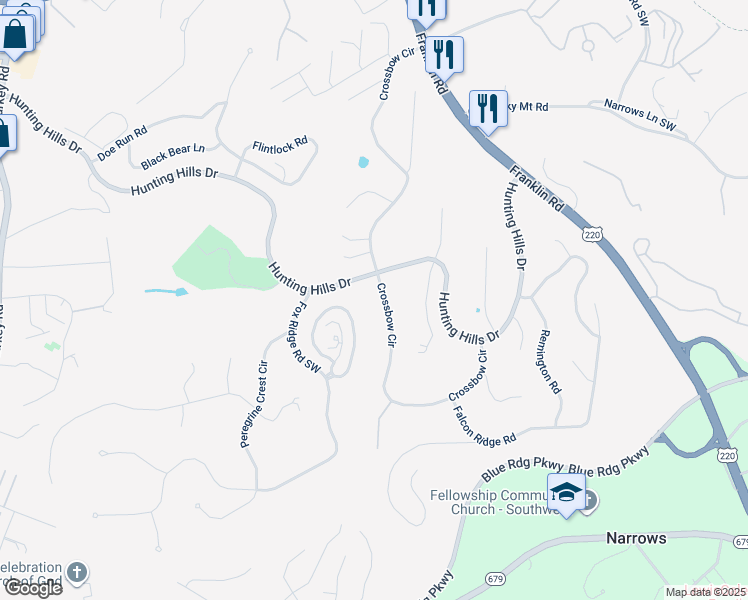 map of restaurants, bars, coffee shops, grocery stores, and more near 5088 Cross Bow Circle in Cave Spring