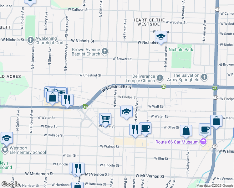 map of restaurants, bars, coffee shops, grocery stores, and more near 512 North West Avenue in Springfield