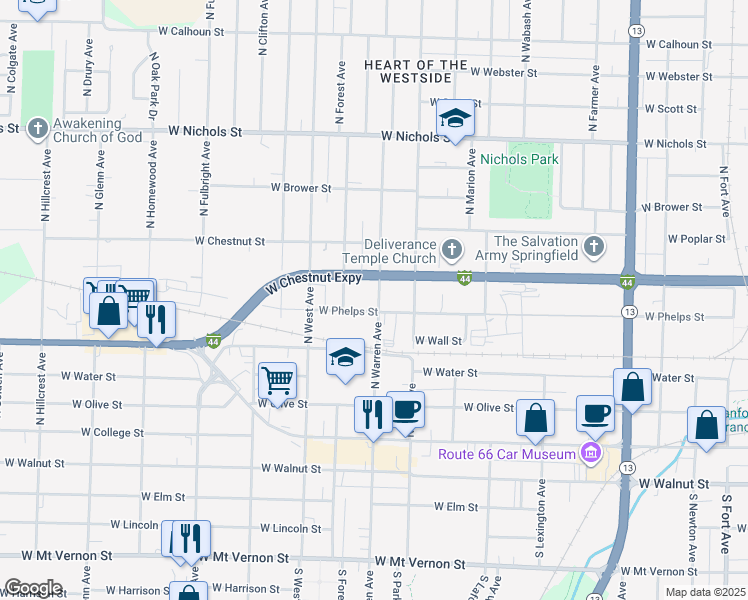 map of restaurants, bars, coffee shops, grocery stores, and more near 511 North Warren Avenue in Springfield