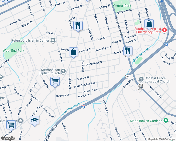 map of restaurants, bars, coffee shops, grocery stores, and more near 412 Virginia Avenue in Petersburg