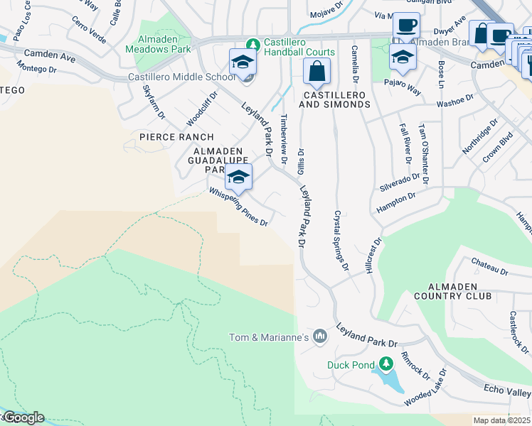 map of restaurants, bars, coffee shops, grocery stores, and more near 6581 Rolling Oaks Drive in San Jose