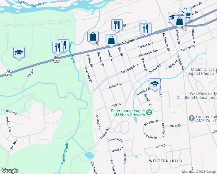 map of restaurants, bars, coffee shops, grocery stores, and more near 228 Summit Street in Petersburg
