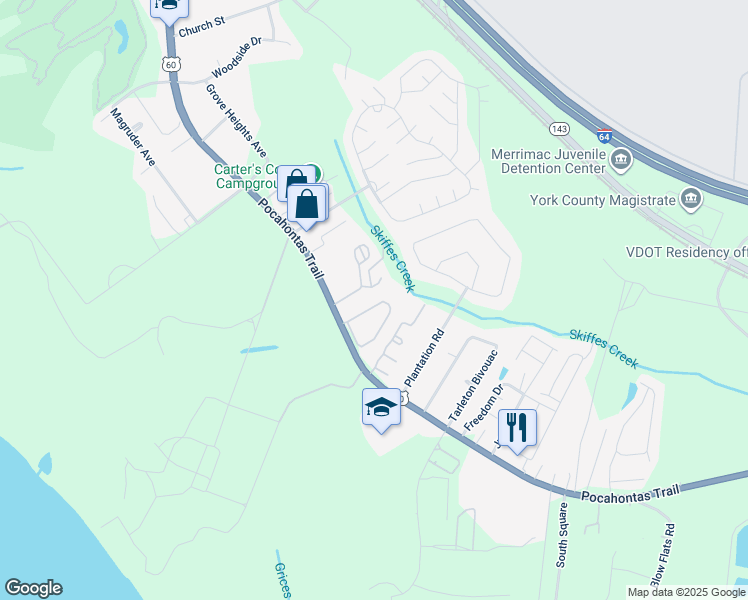 map of restaurants, bars, coffee shops, grocery stores, and more near 1918 Algonquin Trail in Williamsburg