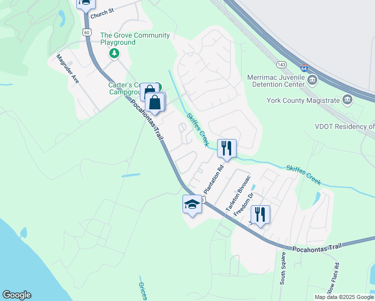 map of restaurants, bars, coffee shops, grocery stores, and more near 1917 Algonquin Trail in Williamsburg