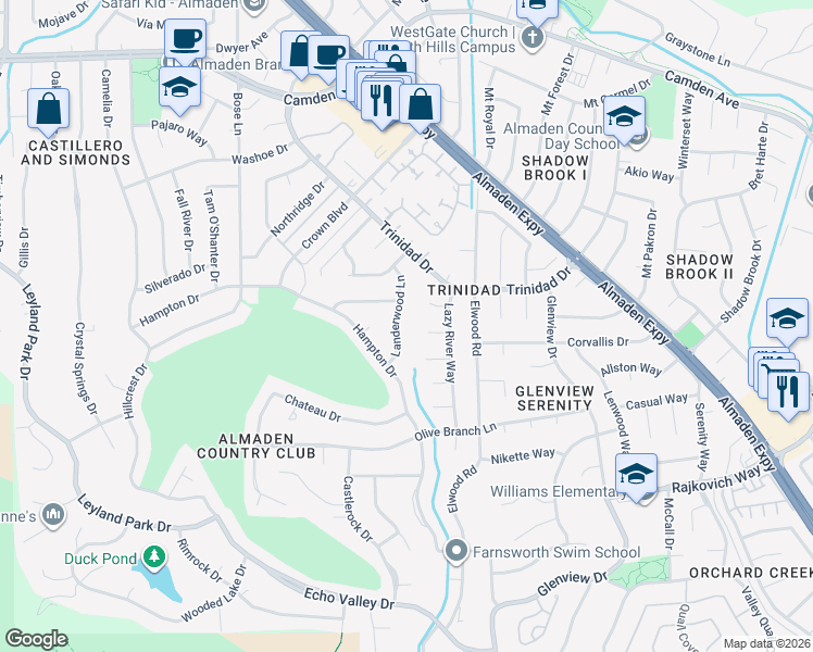 map of restaurants, bars, coffee shops, grocery stores, and more near 1225 Swinging Gate Court in San Jose