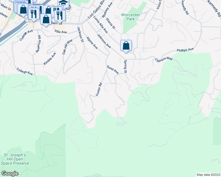 map of restaurants, bars, coffee shops, grocery stores, and more near 17652 Tourney Road in Los Gatos