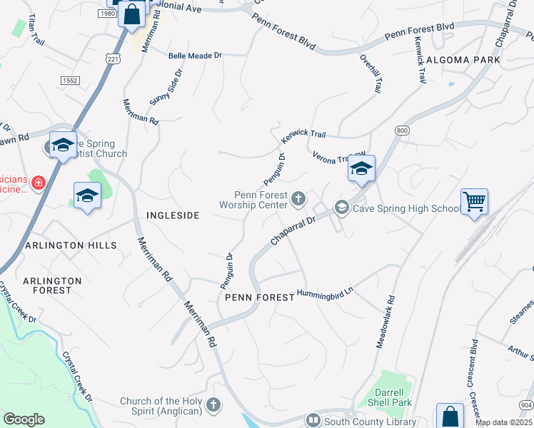 map of restaurants, bars, coffee shops, grocery stores, and more near 3911 Skylark Circle in Cave Spring
