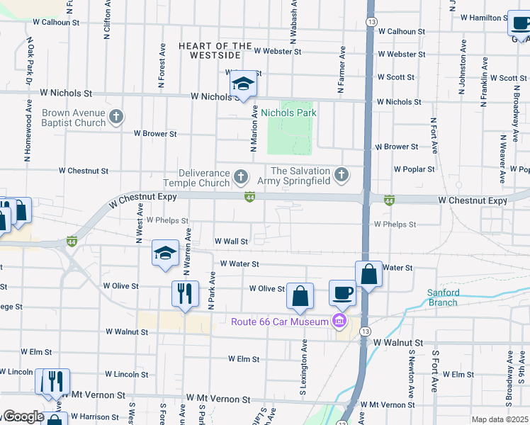 map of restaurants, bars, coffee shops, grocery stores, and more near 500-598 N La Fontaine Ave in Springfield