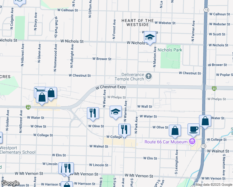 map of restaurants, bars, coffee shops, grocery stores, and more near 510 North Forest Avenue in Springfield