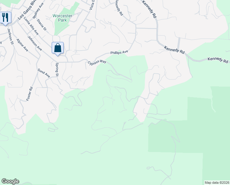 map of restaurants, bars, coffee shops, grocery stores, and more near 16471 Eugenia Way in Los Gatos