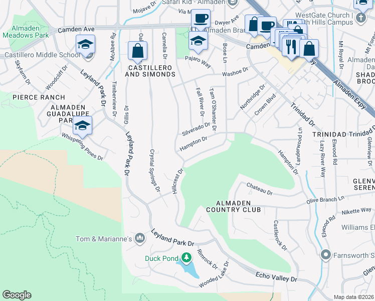 map of restaurants, bars, coffee shops, grocery stores, and more near 6543 Hampton Drive in San Jose