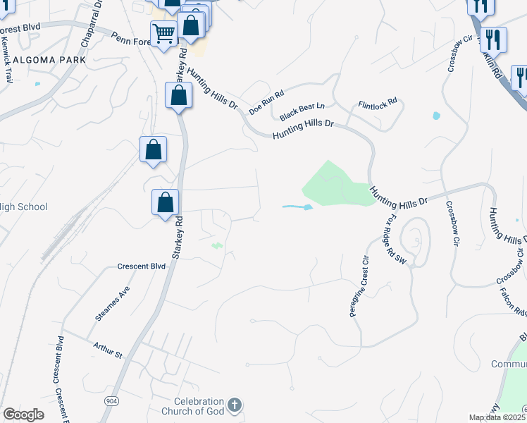 map of restaurants, bars, coffee shops, grocery stores, and more near 5438 Downing Street in Cave Spring