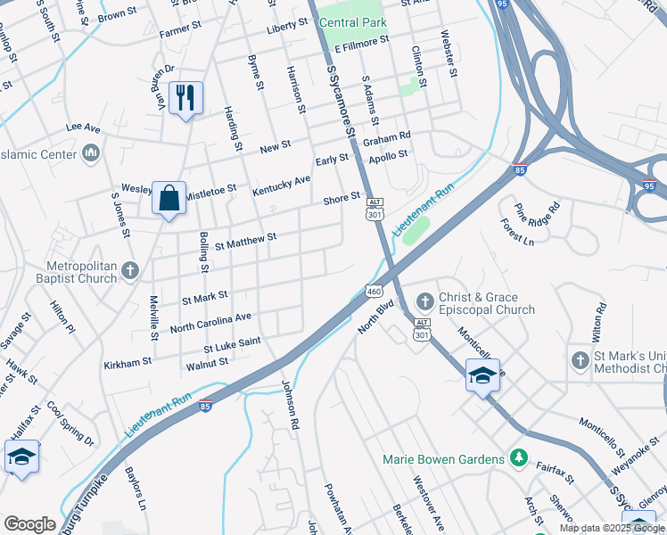 map of restaurants, bars, coffee shops, grocery stores, and more near 52 Saint Mark Street in Petersburg