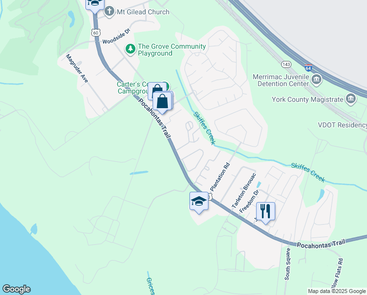 map of restaurants, bars, coffee shops, grocery stores, and more near 8810 Pocahontas Trail in Williamsburg