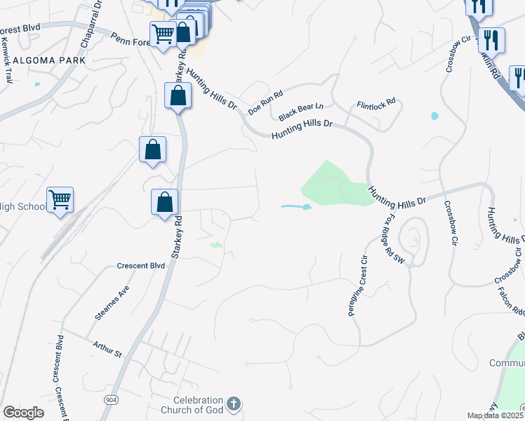 map of restaurants, bars, coffee shops, grocery stores, and more near 5438 Downing Street in Cave Spring