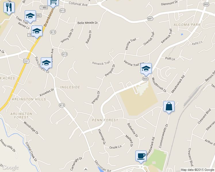 map of restaurants, bars, coffee shops, grocery stores, and more near 3911 Skylark Circle in Cave Spring