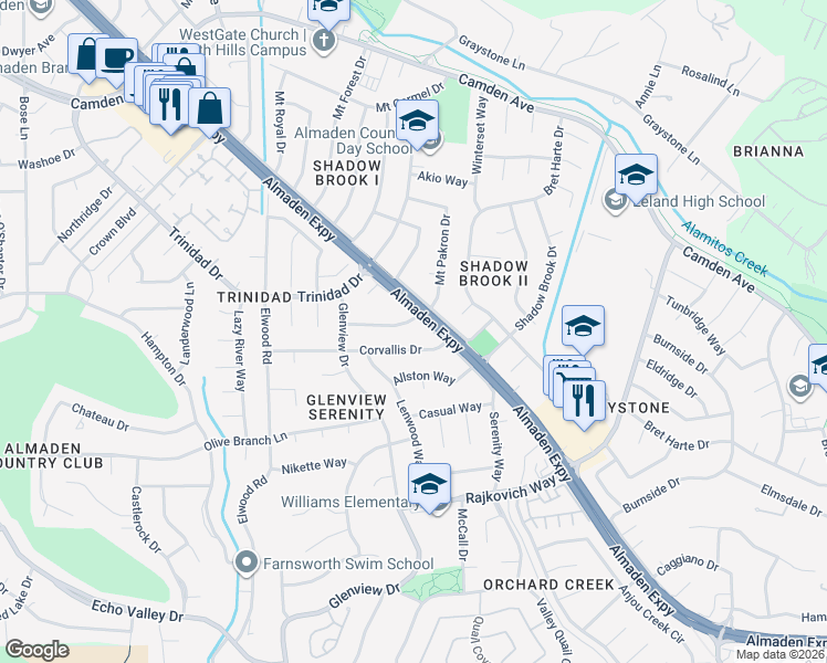 map of restaurants, bars, coffee shops, grocery stores, and more near 1111 Corvallis Drive in San Jose