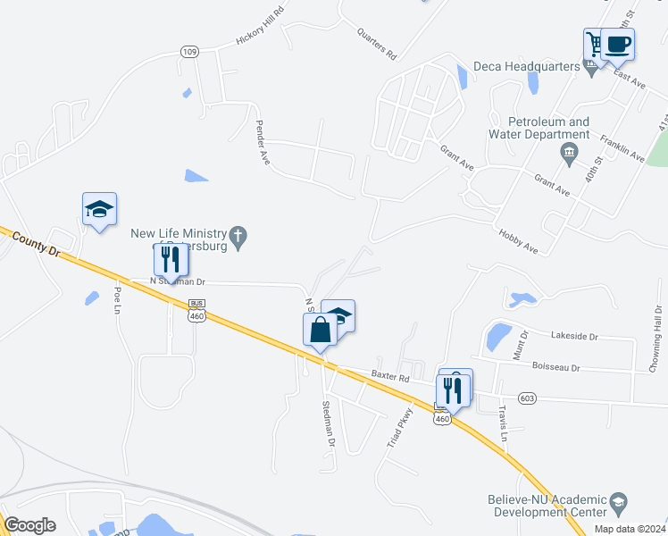 map of restaurants, bars, coffee shops, grocery stores, and more near 2619 North Stedman Drive in Petersburg