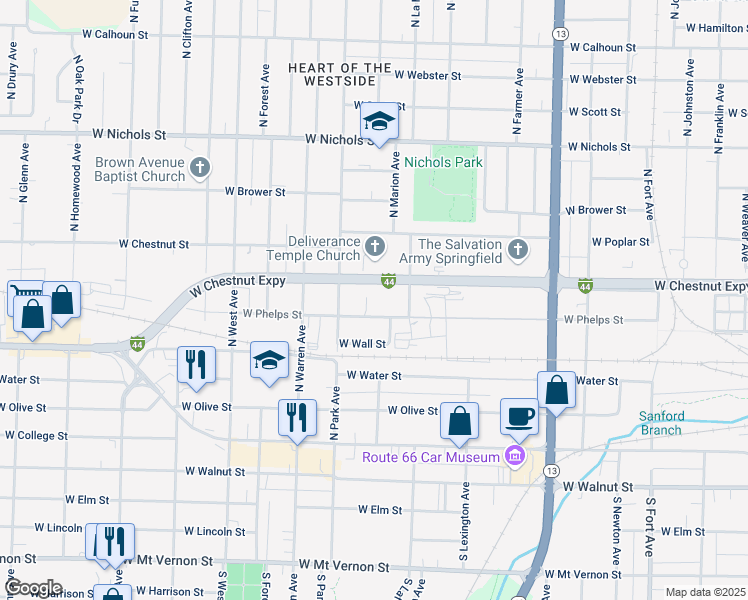 map of restaurants, bars, coffee shops, grocery stores, and more near 2113 West Phelps Street in Springfield