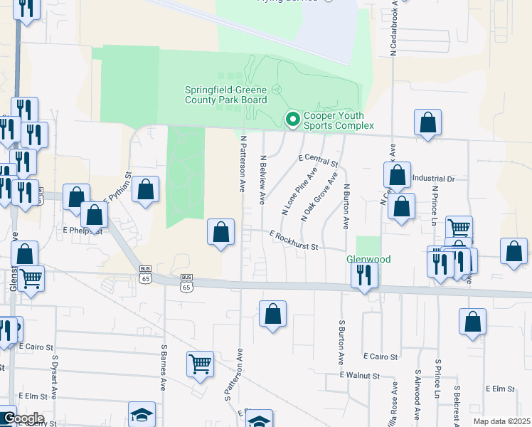 map of restaurants, bars, coffee shops, grocery stores, and more near 652 North Belview Avenue in Springfield