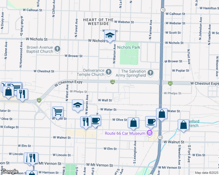 map of restaurants, bars, coffee shops, grocery stores, and more near 2113 West Phelps Street in Springfield