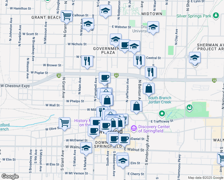 map of restaurants, bars, coffee shops, grocery stores, and more near 600 North Boonville Avenue in Springfield