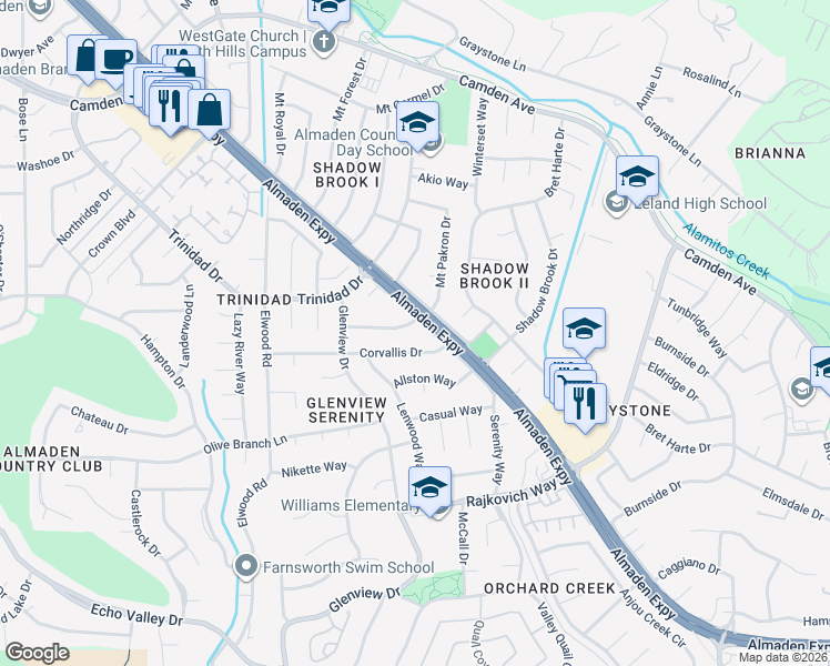 map of restaurants, bars, coffee shops, grocery stores, and more near 1111 Corvallis Drive in San Jose