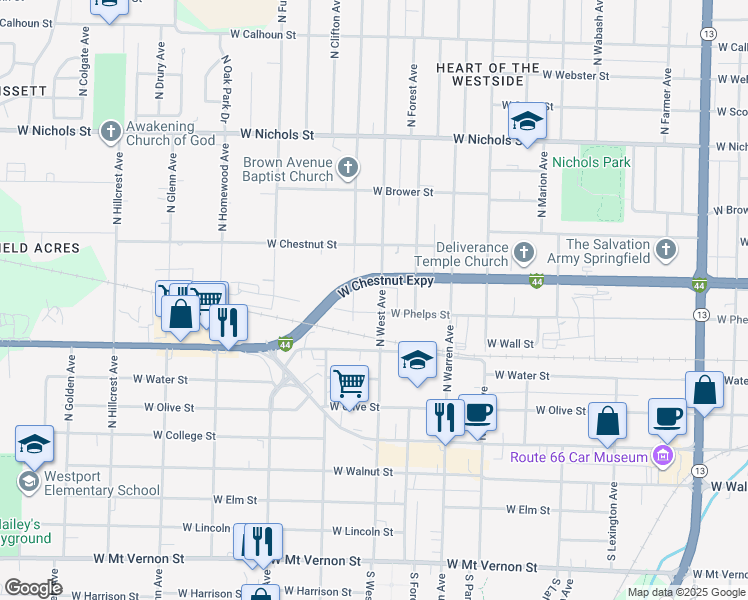 map of restaurants, bars, coffee shops, grocery stores, and more near 512 North West Avenue in Springfield