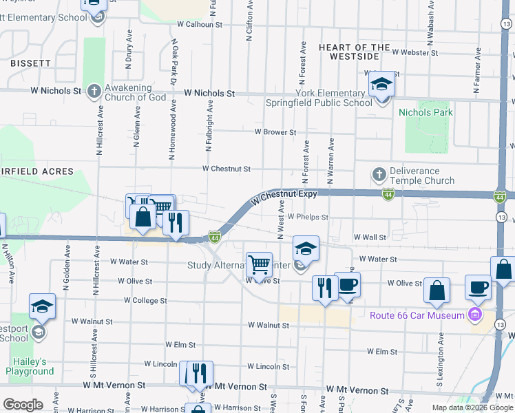 map of restaurants, bars, coffee shops, grocery stores, and more near 501 North Brown Avenue in Springfield
