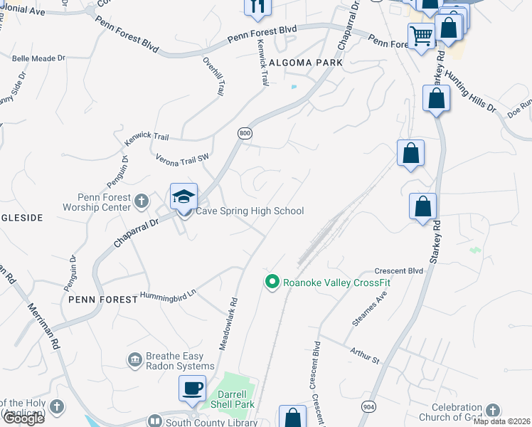 map of restaurants, bars, coffee shops, grocery stores, and more near 3432 Morning Dove Road in Cave Spring