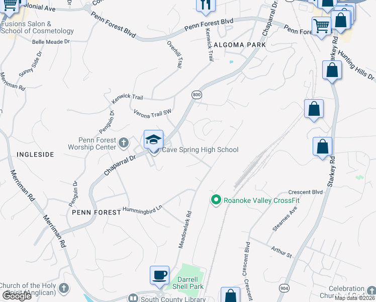 map of restaurants, bars, coffee shops, grocery stores, and more near 2905 Woodthrush Drive in Cave Spring