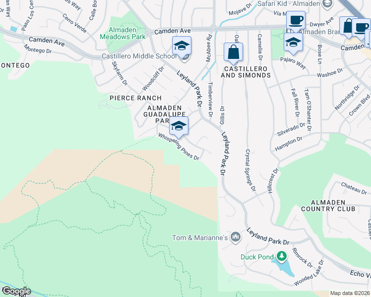 map of restaurants, bars, coffee shops, grocery stores, and more near 6564 Whispering Pines Drive in San Jose