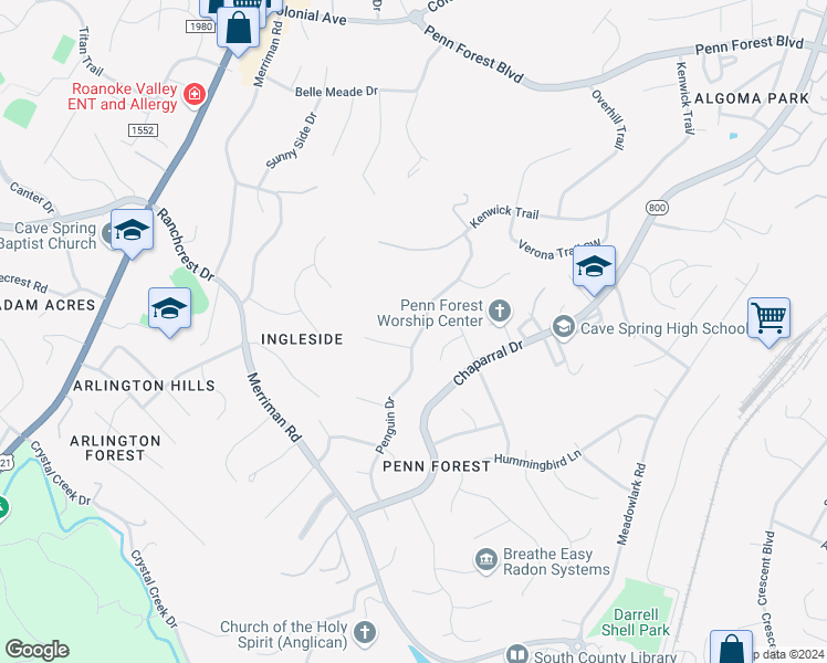 map of restaurants, bars, coffee shops, grocery stores, and more near 5655 Penguin Drive in Roanoke
