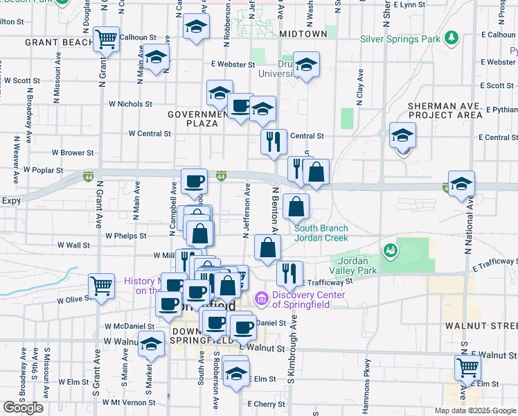 map of restaurants, bars, coffee shops, grocery stores, and more near 440 East Tampa Street in Springfield