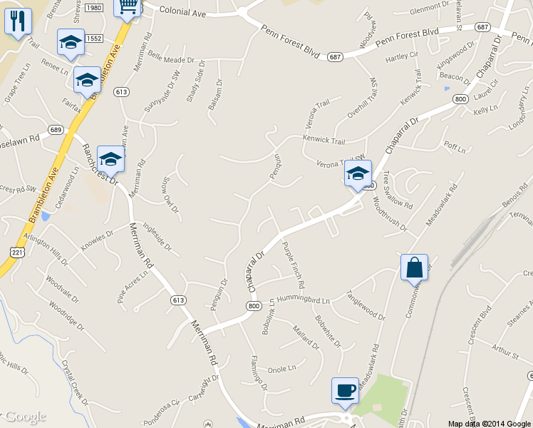 map of restaurants, bars, coffee shops, grocery stores, and more near 3903 Skylark Cir in Roanoke