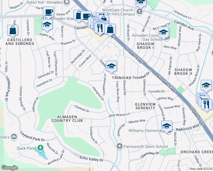 map of restaurants, bars, coffee shops, grocery stores, and more near 1225 Swinging Gate Court in San Jose