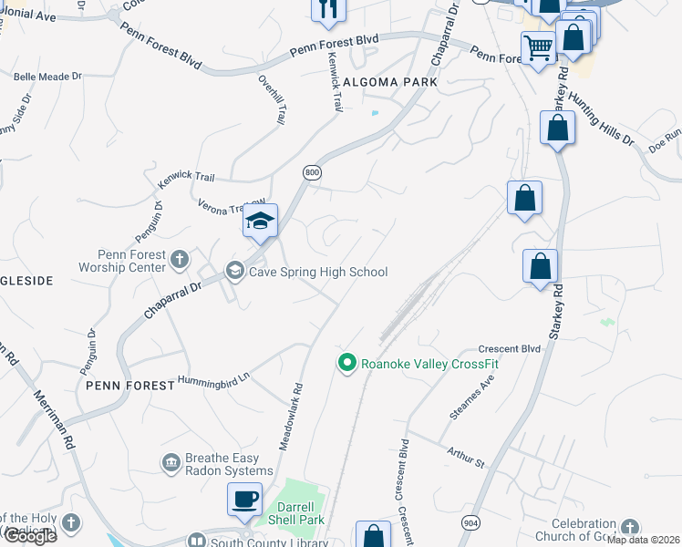 map of restaurants, bars, coffee shops, grocery stores, and more near 3432 Morning Dove Road in Cave Spring