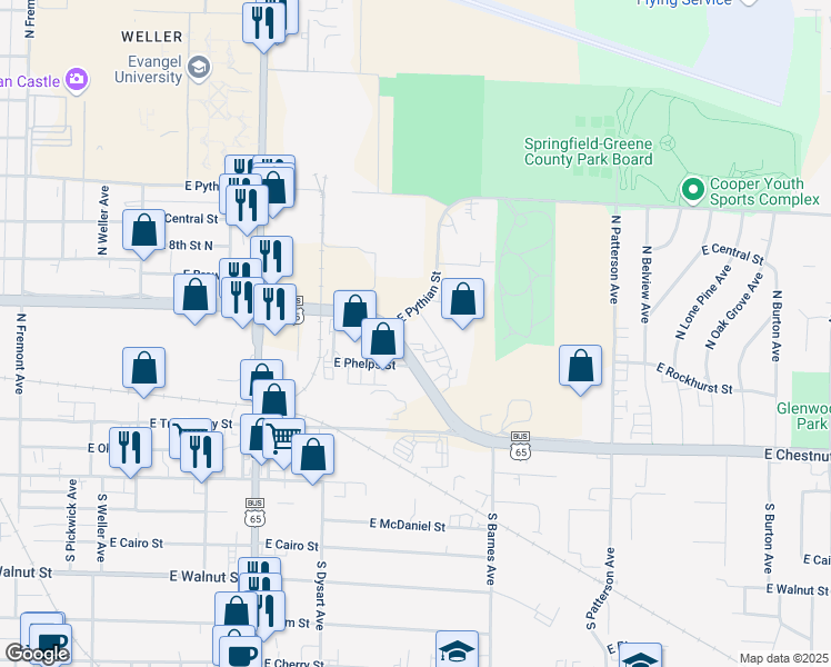 map of restaurants, bars, coffee shops, grocery stores, and more near 2106 East Rockhurst Street in Springfield