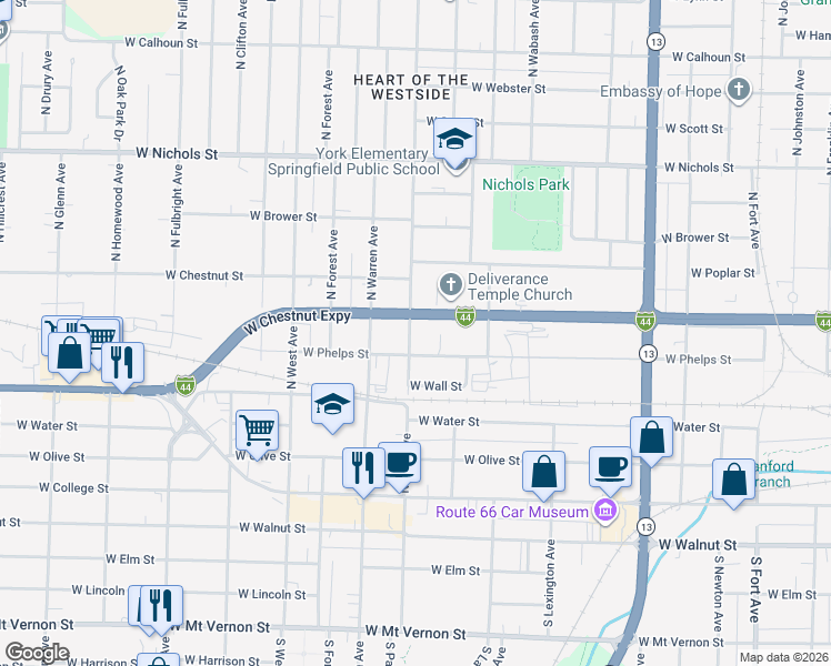 map of restaurants, bars, coffee shops, grocery stores, and more near 2151 West Phelps Street in Springfield
