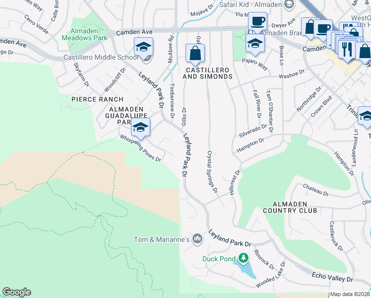 map of restaurants, bars, coffee shops, grocery stores, and more near 6641 Leyland Park Drive in San Jose