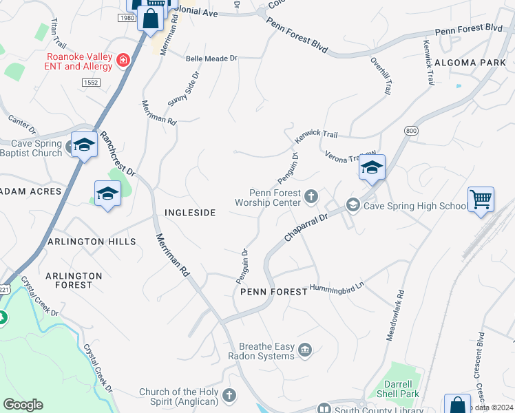 map of restaurants, bars, coffee shops, grocery stores, and more near 5655 Penguin Drive in Roanoke