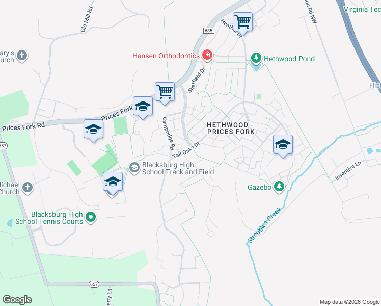map of restaurants, bars, coffee shops, grocery stores, and more near 2699 Tall Oaks Drive in Blacksburg